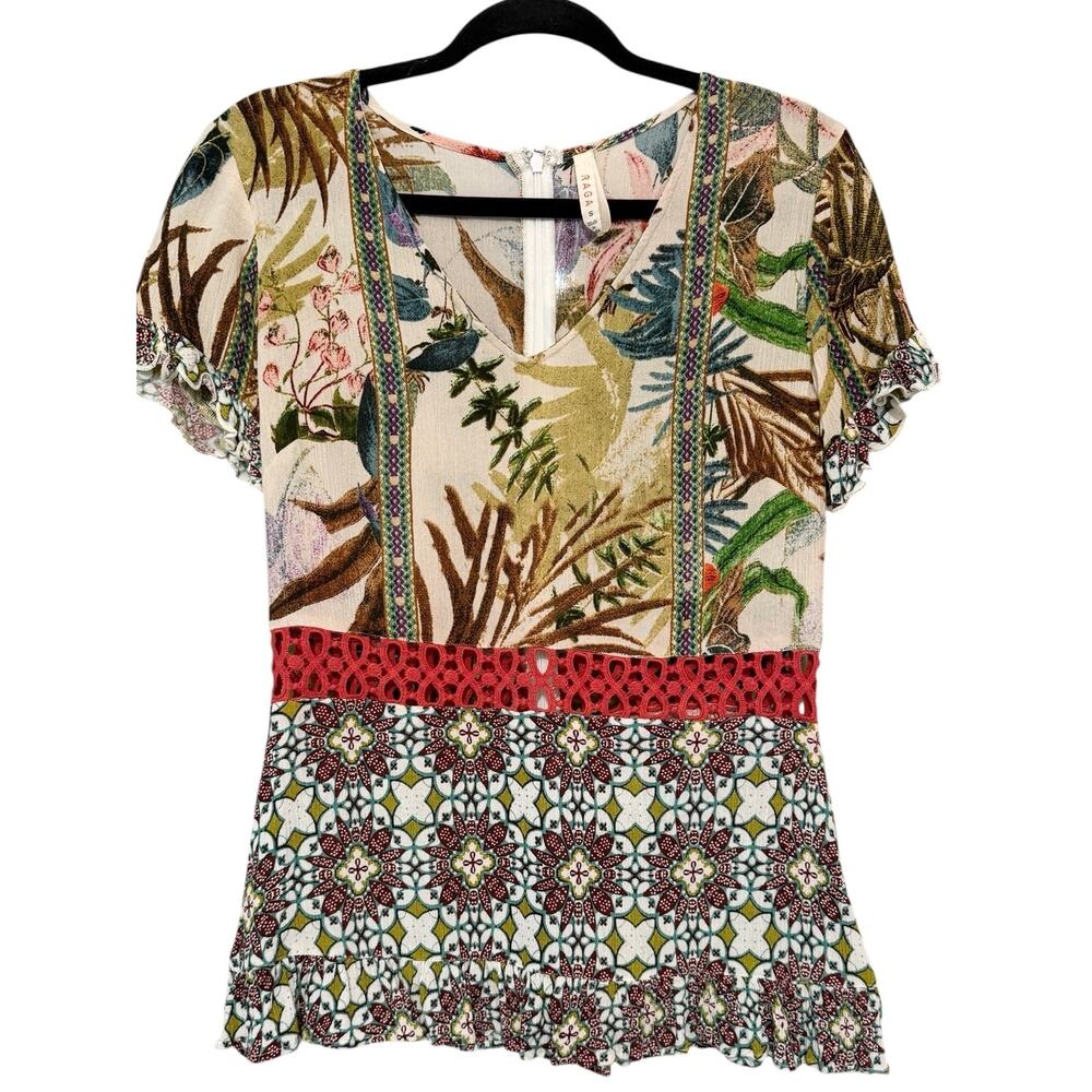 Anthropologie Raga Artful Boho Floral Top Crochet Waist Zip Back